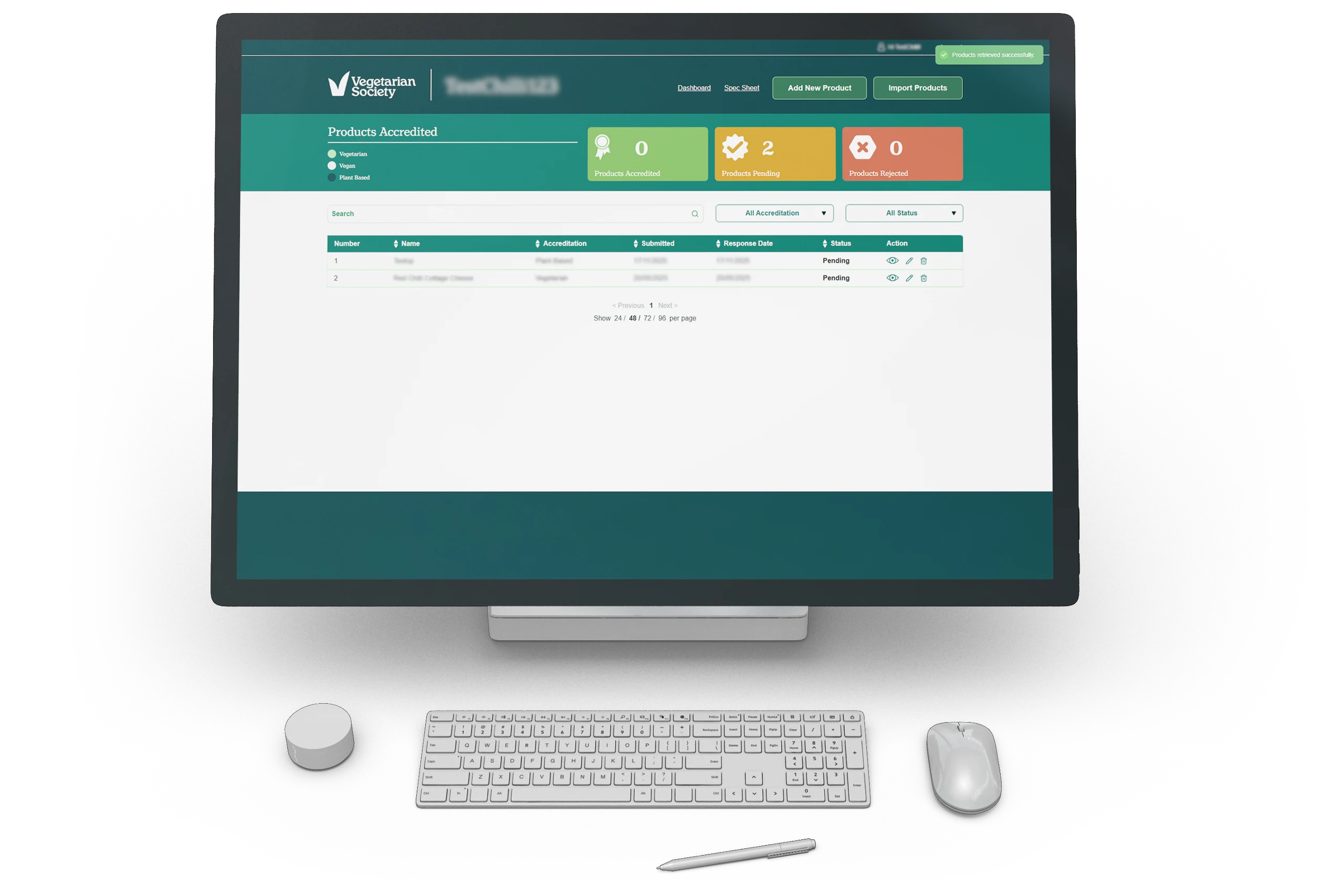 Vegetarian Society accreditation portal dashboard showing accredited, pending and rejected product counts